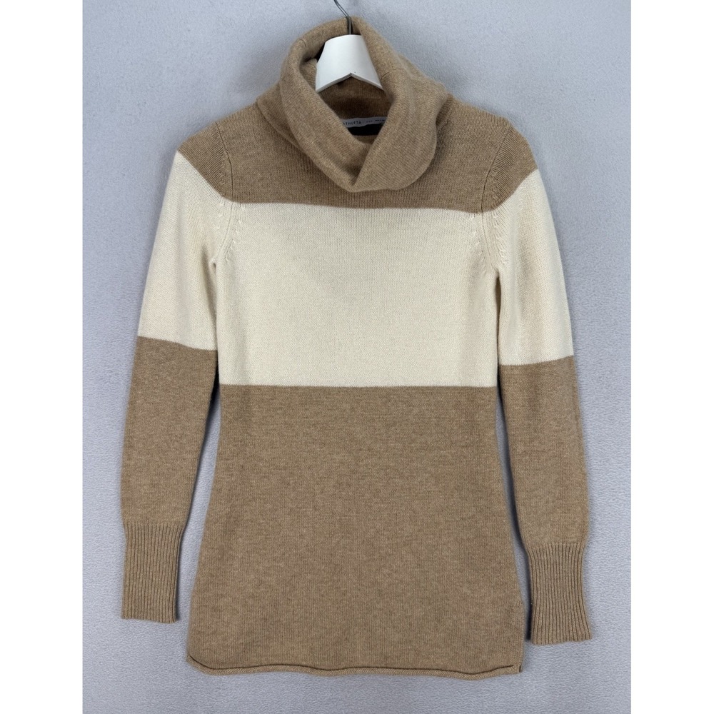 Athleta Women's‎ Sz XXS 100% Cashmere Pullover Stripe Cream Tan Turtleneck